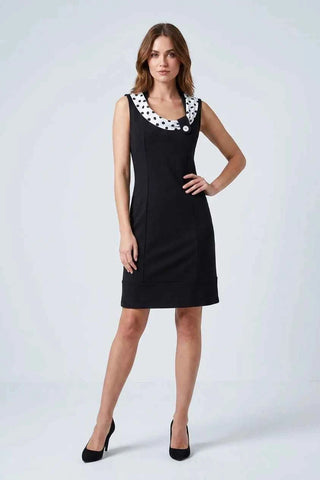 Women's Black Sleeveless Dress with Polka Dot Cowl Neck