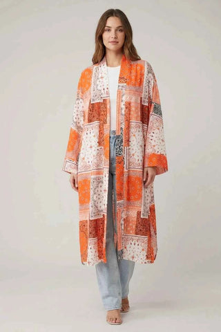 Damskie Kimono Boho w Pomarańczowy Wzór Paisley