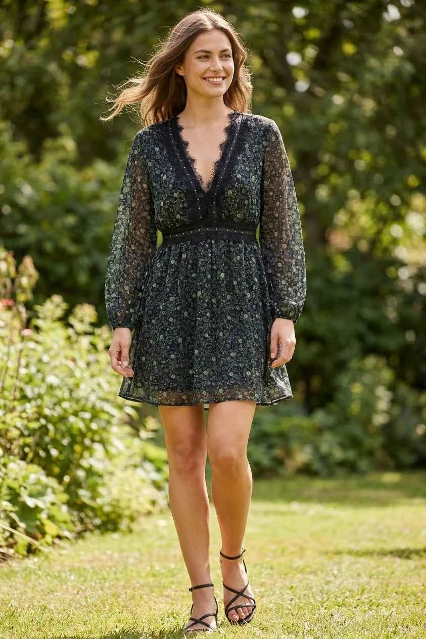 Floral Mini Dress with Lace - Black