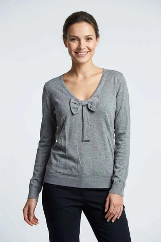 Sweter damski z dekoltem V i kokardą - Szary   60% modal, 10% jedwab